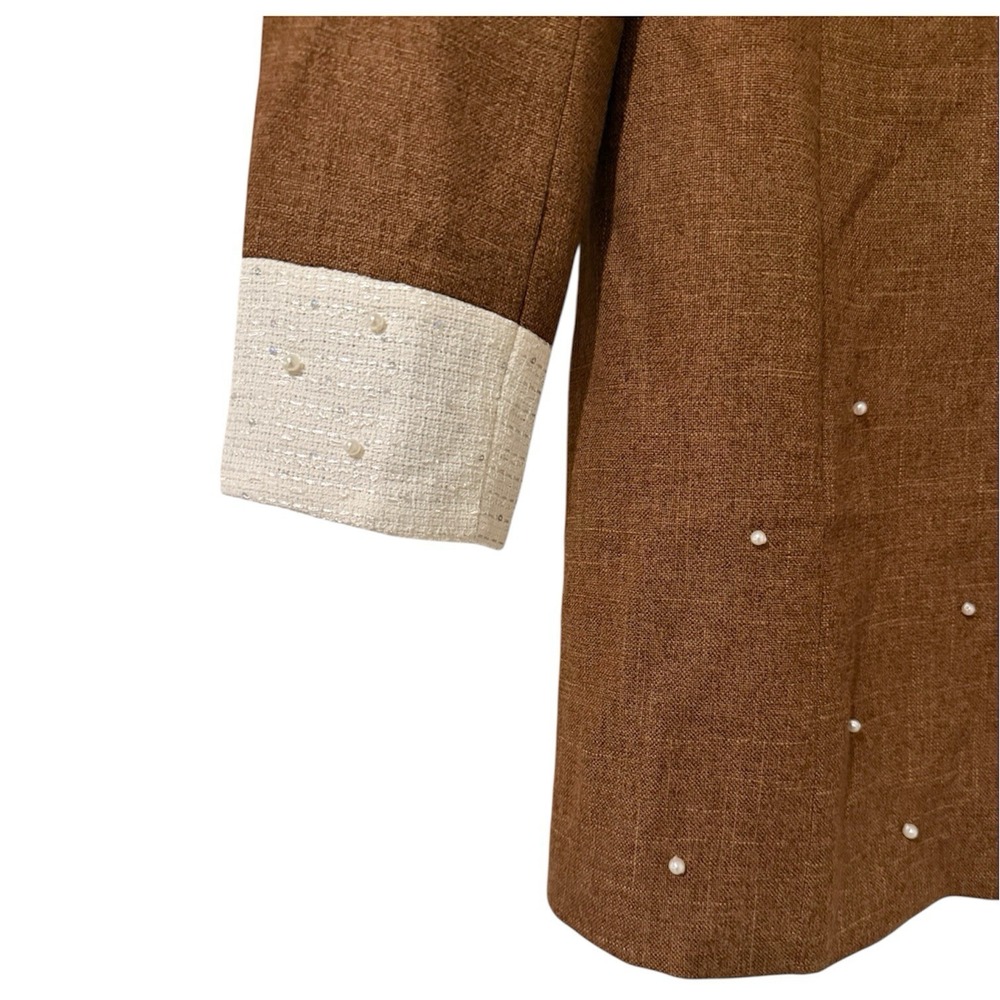 MOTF Womens Mini Dress Large Brown Pearl Trim White Tweed Collar Cuffs - Picture 6 of 13